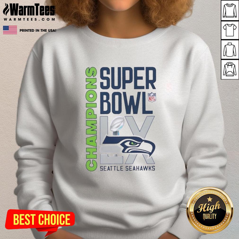 Seattle Seahawks Champions sweatshirt featuring the NFL Super Bowl LX trophy design, perfect for fans and collectors.