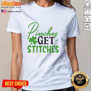 Pretty Pinches Get Stitches Irish Ladies Tee featuring vibrant green design and playful text for St. Patrick's Day style.