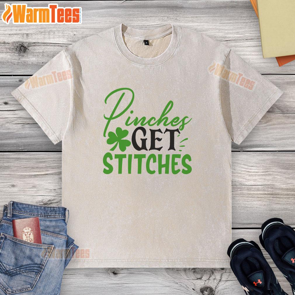 Pretty Pinches Get Stitches Irish washed t-shirt in green, featuring a playful text design perfect for St. Patrick's Day.