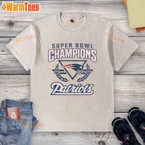 New England Patriots football washed t-shirt showcasing Super Bowl champions logo in vibrant colors.