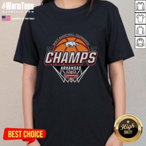 Alt Text: Arkansas Razorbacks 2026 SEC Men's Basketball Tournament Champions Ladies Tee by Blue 84 in locker room setting.