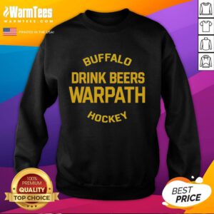 Awesome Buffalo drink beers in Warpath Hockey sweatshirt, showcasing team spirit and camaraderie at a game.