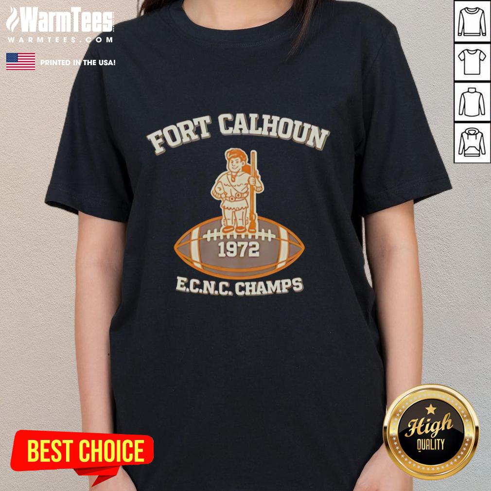 Fort Calhoun 1972 Ladies Tee showcasing the iconic Ecnc Champs design, perfect for vintage sportswear enthusiasts.