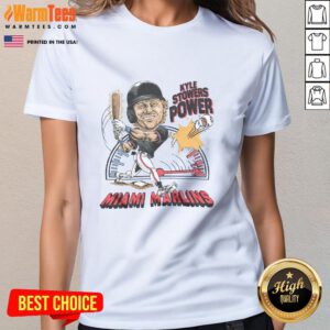 Alt Text: Awesome Marlins Kyle Stowers Power Ladies Tee featuring a stylish design for female baseball fans.