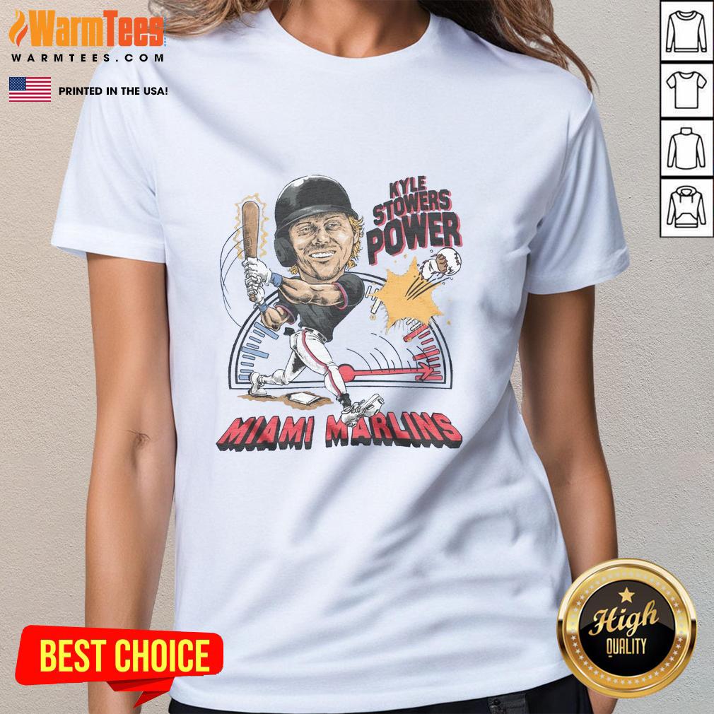 Alt Text: Awesome Marlins Kyle Stowers Power Ladies Tee featuring a stylish design for female baseball fans.