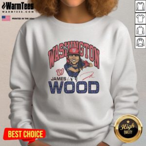 Awesome Nationals James Wood signature sweatshirt in navy blue, perfect for fans and collectors of baseball apparel.