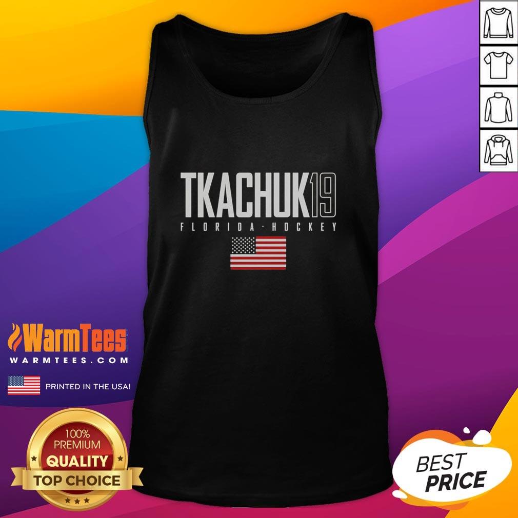 Matthew Tkachuk wearing a cute Florida Panthers tank top with USA flag design, showcasing his elite fan style.