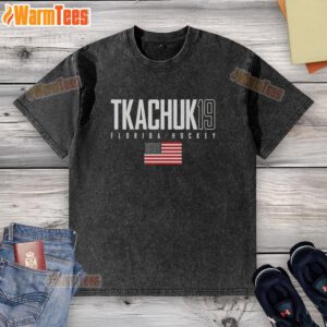 Alt Text: Cute Matthew Tkachuk 19 Florida Panthers USA Flag Elite Washed T-Shirt design featuring vibrant colors and sporty style.