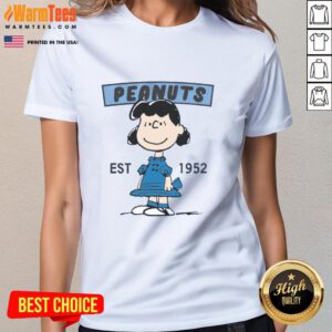 Alt Text: Cute Peanuts Lucy smile graphic on a ladies tee, established 1952, perfect for fans of classic cartoon apparel.
