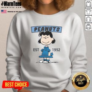 Alt Text: Cute Peanuts Lucy Smile sweatshirt, established 1952, featuring vibrant graphics of Lucy from the Peanuts comic strip.
