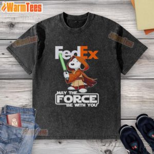 Alt Text: Cute Snoopy FedEx May the Force Be With You washed t-shirt featuring a playful design perfect for fans.
