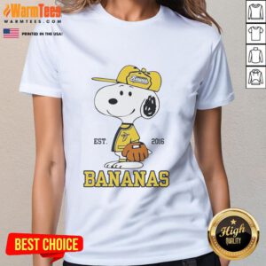 Cute Snoopy wearing a Savannah Bananas outfit, 2016 ladies tee, perfect for fans of baseball and classic cartoons.
