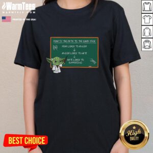 Womens tee featuring 'Fear Is The Path To The Dark Side' quote, perfect for fans of Star Wars and motivational apparel.