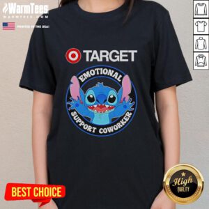 Good Happy Stitch Emotional Support Coworker Ladies Tee showcasing a vibrant design perfect for uplifting work vibes.