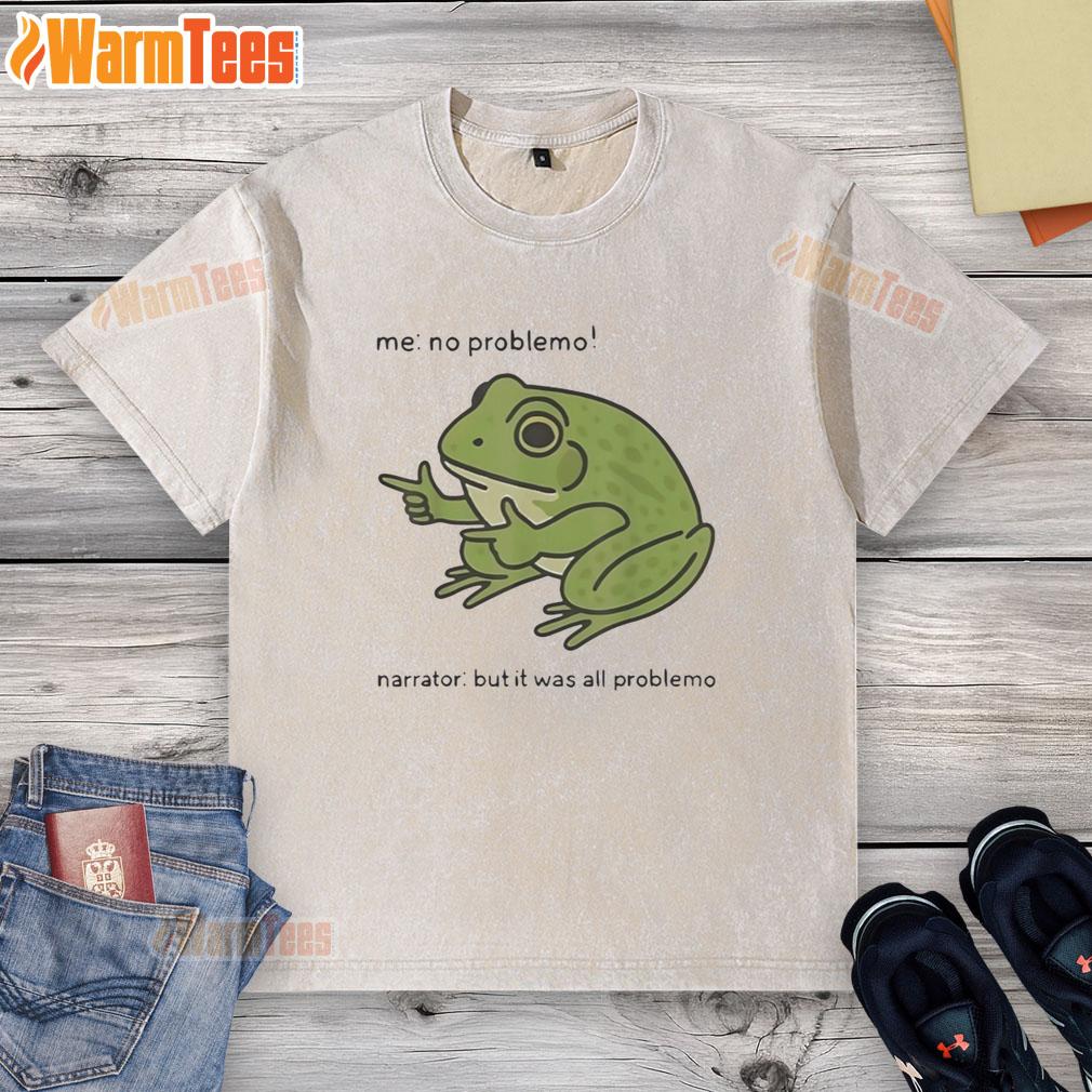 Good No Problemo Frog Narrator graphic on a washed t-shirt, featuring a playful frog design and vibrant colors.
