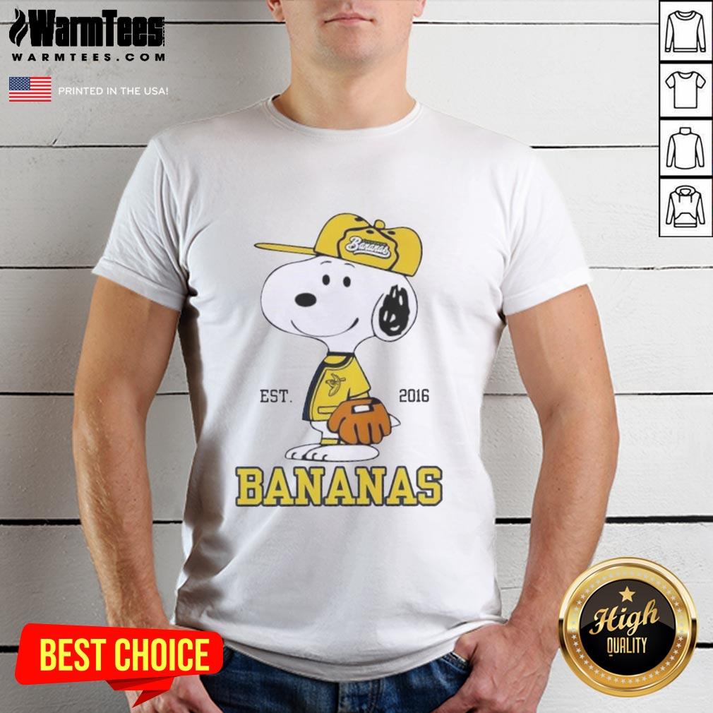 Good Peanuts Snoopy X Savannah Bananas Est 2016 T-Shirt featuring a playful Snoopy design and vibrant colors.