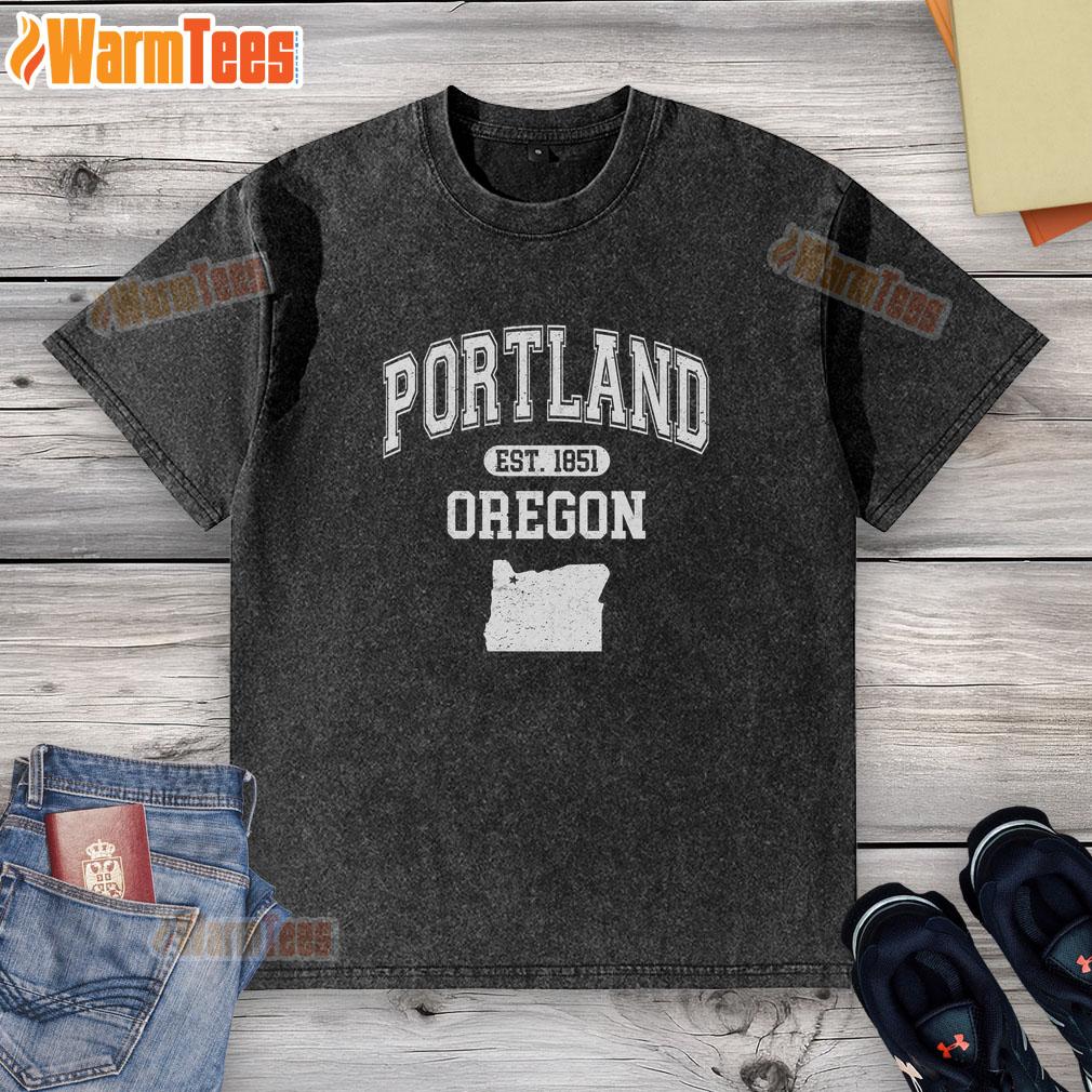 Good Portland Oregon Est 1851 Varsity Washed T-Shirt featuring vintage design and soft fabric, perfect for casual wear.