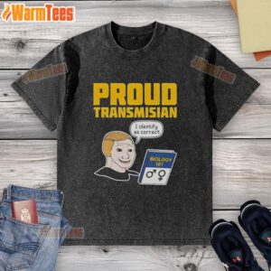 Alt Text: Good Proud Transmisian I Identify As Correct washed t-shirt displayed on a hanger, showcasing vibrant colors and design.
