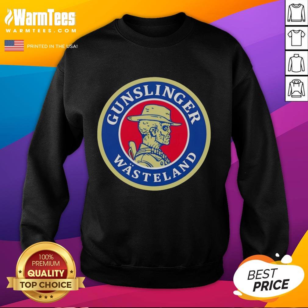 Retro sweatshirt featuring a good skeleton cowboy gunslinger in a wasteland setting, perfect for unique fashion lovers.
