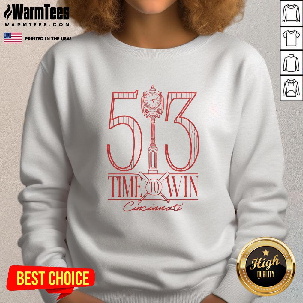 Alt Text: Cincinnati baseball sweatshirt featuring 'Good Time to Win' slogan, perfect for fans supporting their team.