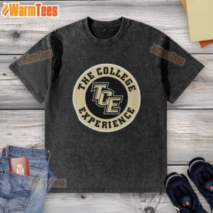 Hot The College Experience TCE logo on a washed t-shirt, perfect for casual college wear.