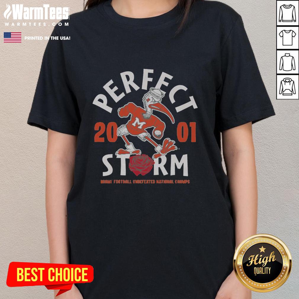 Alt Text: Vintage ladies tee featuring the Nice 2001 Miami Football National Champs design, perfect for sports fans and collectors.