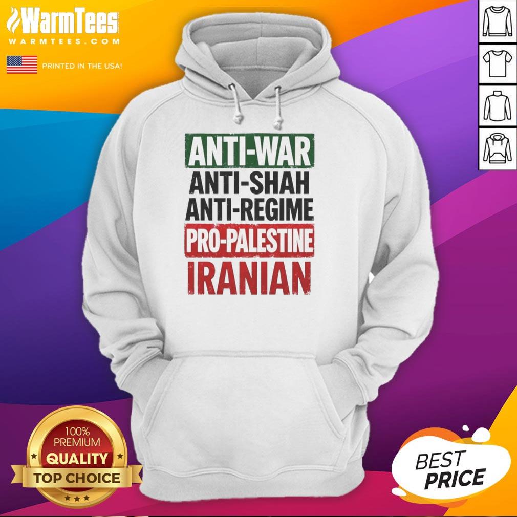 Stylish Iranian hoodie featuring anti-war, anti-Shah, and pro-Palestine messages, perfect for advocates of peace.