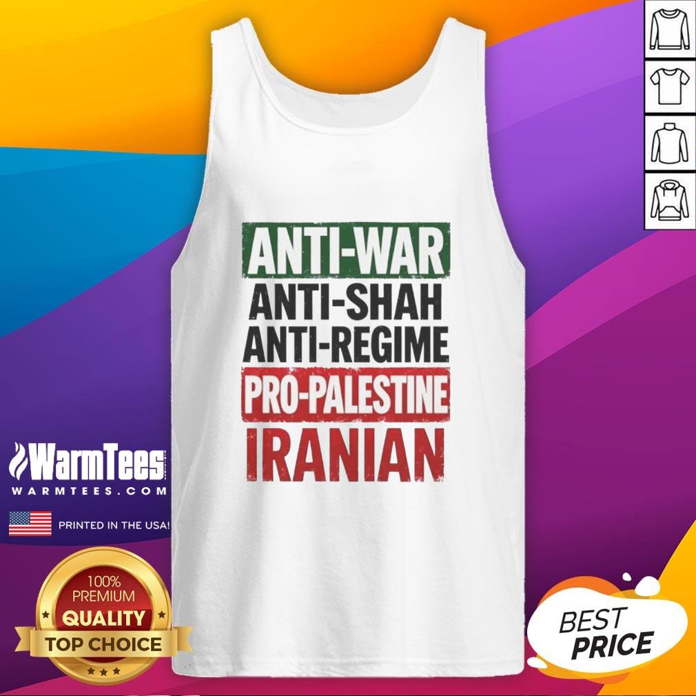Nice anti-war, anti-Shah, anti-regime pro-Palestine Iranian tank top featuring bold graphics and vibrant colors.