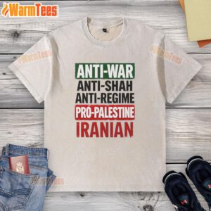 Alt Text: Nice anti-war, anti-Shah, pro-Palestine Iranian washed t-shirt with bold graphic design and vibrant colors.