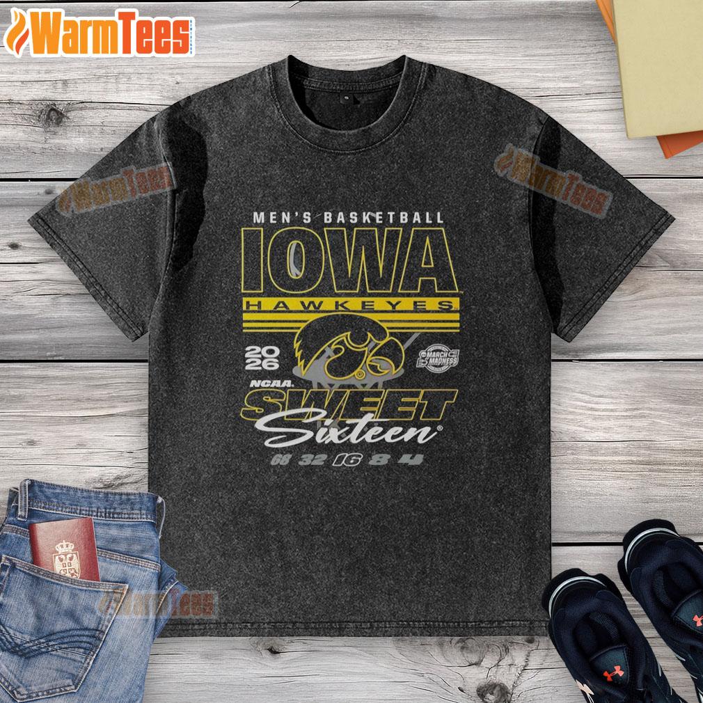 2026 NCAA Sweet Sixteen Iowa Hawkeyes men's basketball washed t-shirt featuring team colors and logo.