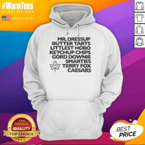Nice Mr. Dressup butter tarts, Littlest Hobo ketchup chips, Gord Downie Smarties, Terry Fox Caesar hoodie display.