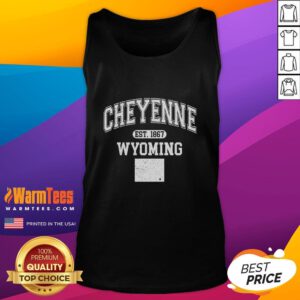 Official Cheyenne Wyoming Est 1867 varsity tank top in navy blue, perfect for casual wear and showcasing local pride.