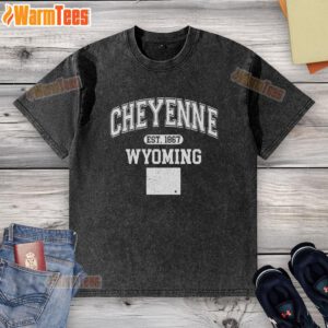 Official Cheyenne Wyoming Est 1867 Varsity Washed T-Shirt in a relaxed fit, showcasing vintage style and local pride.