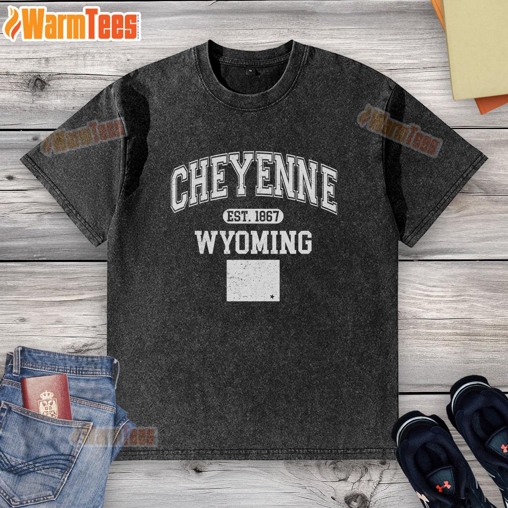 Official Cheyenne Wyoming Est 1867 Varsity Washed T-Shirt in a relaxed fit, showcasing vintage style and local pride.