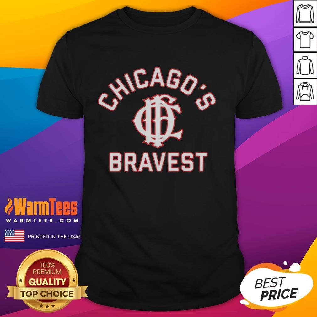 Alt Text: Official Chicago's Bravest Logo T-Shirt featuring a bold firefighter emblem and vibrant design for fans and supporters.