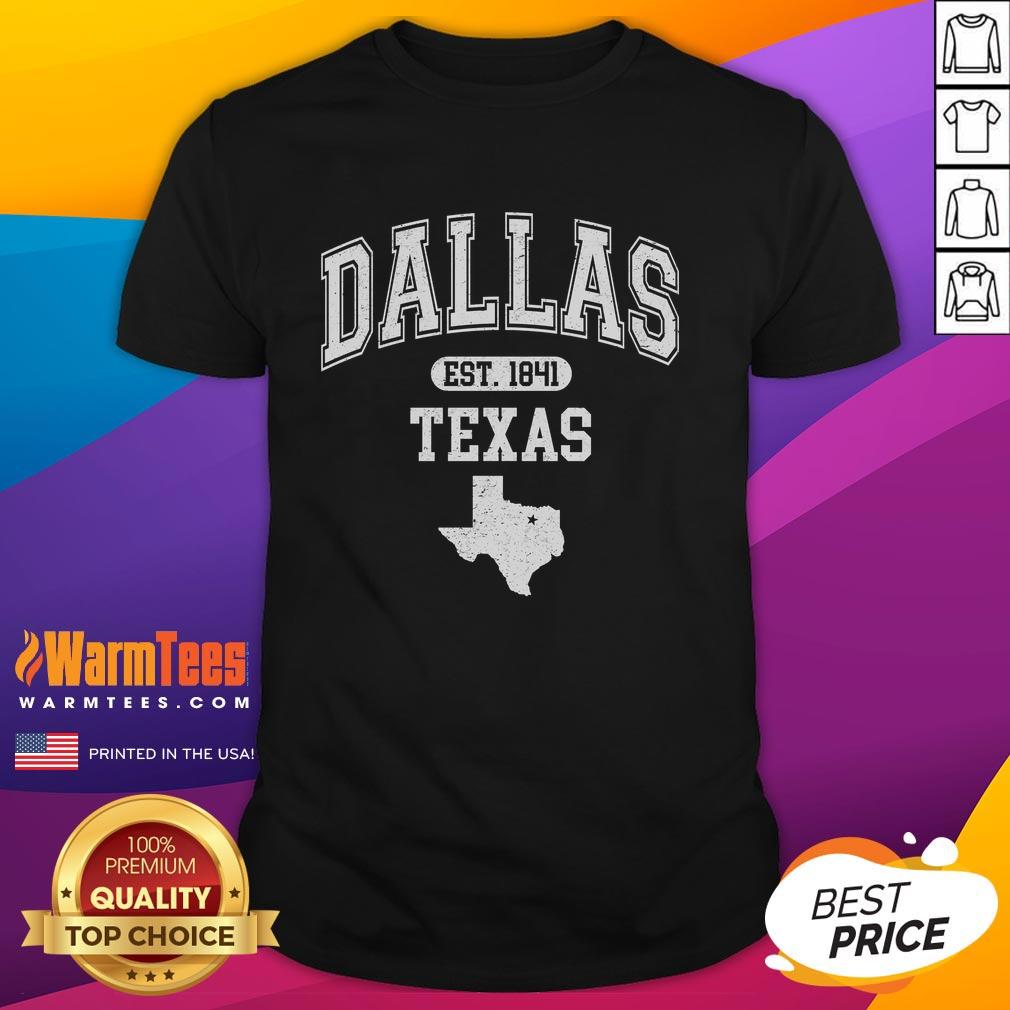 Official Dallas Texas Est 1841 varsity t-shirt featuring bold lettering and a classic athletic design in navy blue.
