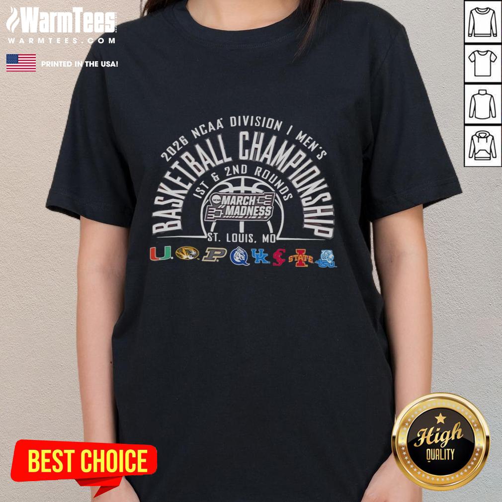 Official NCAA Division I Men's Basketball Championship 2026 Ladies Tee featuring St. Louis, MO design.