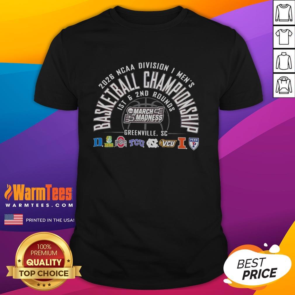 Alt Text: Official NCAA Division I Men's Basketball Championship 2026 T-shirt featuring vibrant team logos and tournament graphics.