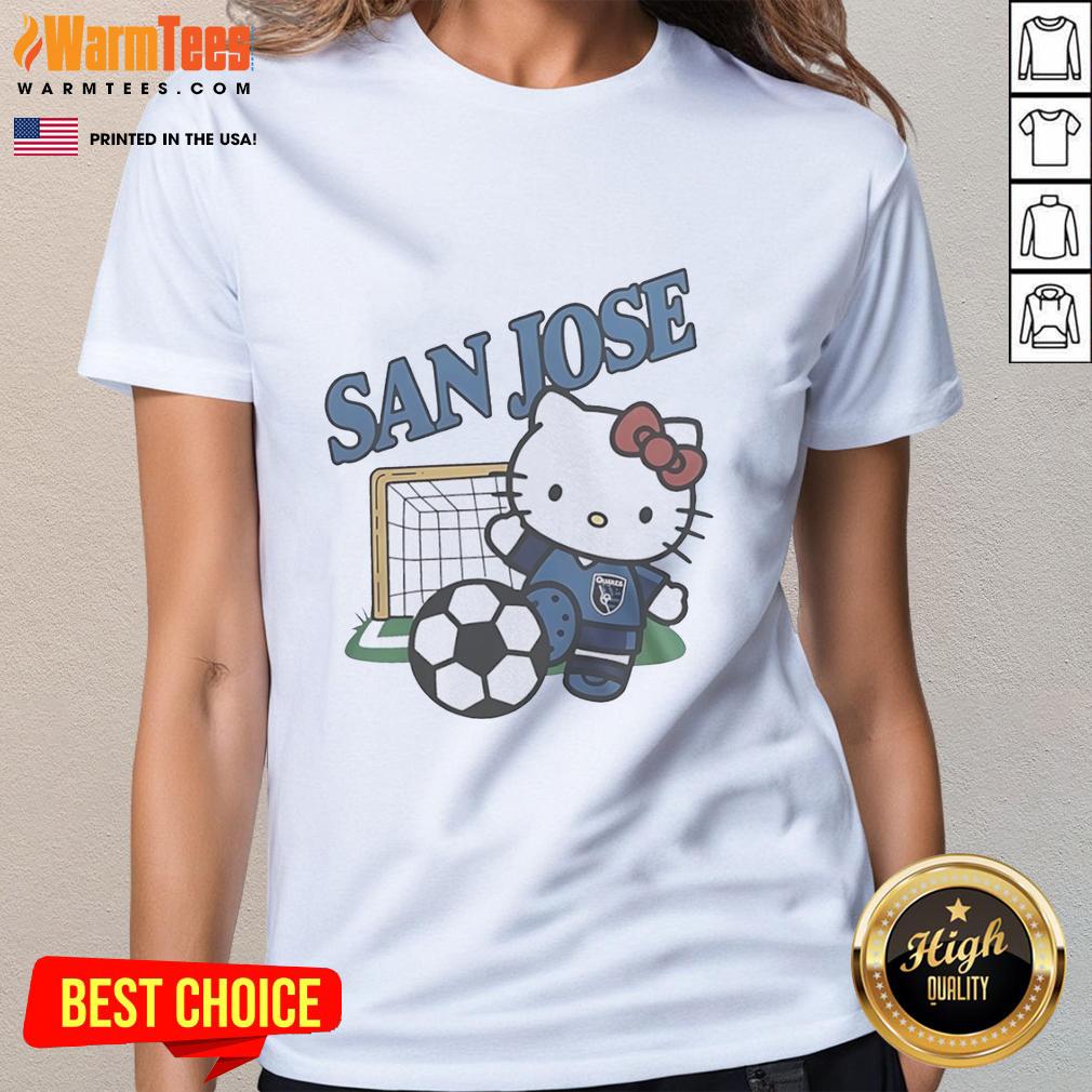 Official San Jose Earthquakes FC x Hello Kitty ladies tee featuring vibrant graphics and a stylish design for fans.