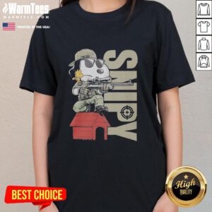 Original Snoopy Sniper and Woodstock sitting on a doghouse, featured on a ladies tee shirt design.