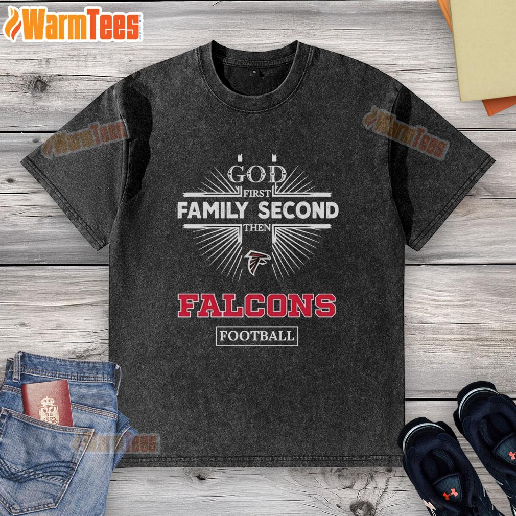 Premium Atlanta Falcons 'God First, Family Second, Then Falcons' washed t-shirt showcasing team pride and faith.