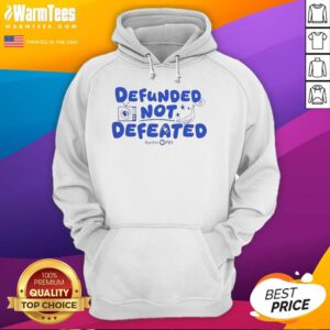 Alt Text: Premium Defunded Not Defeated Austin PBS slogan hoodie in vibrant colors, showcasing support for public broadcasting.