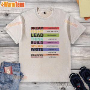 Premium Inspiring Leaders Black History Month washed t-shirt featuring iconic leaders' quotes and vibrant design.