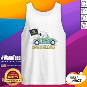 Alt Text: Premium Snoopy and Woodstock driving a car on a tank top, perfect for Savannah Bananas fans and summer fun.