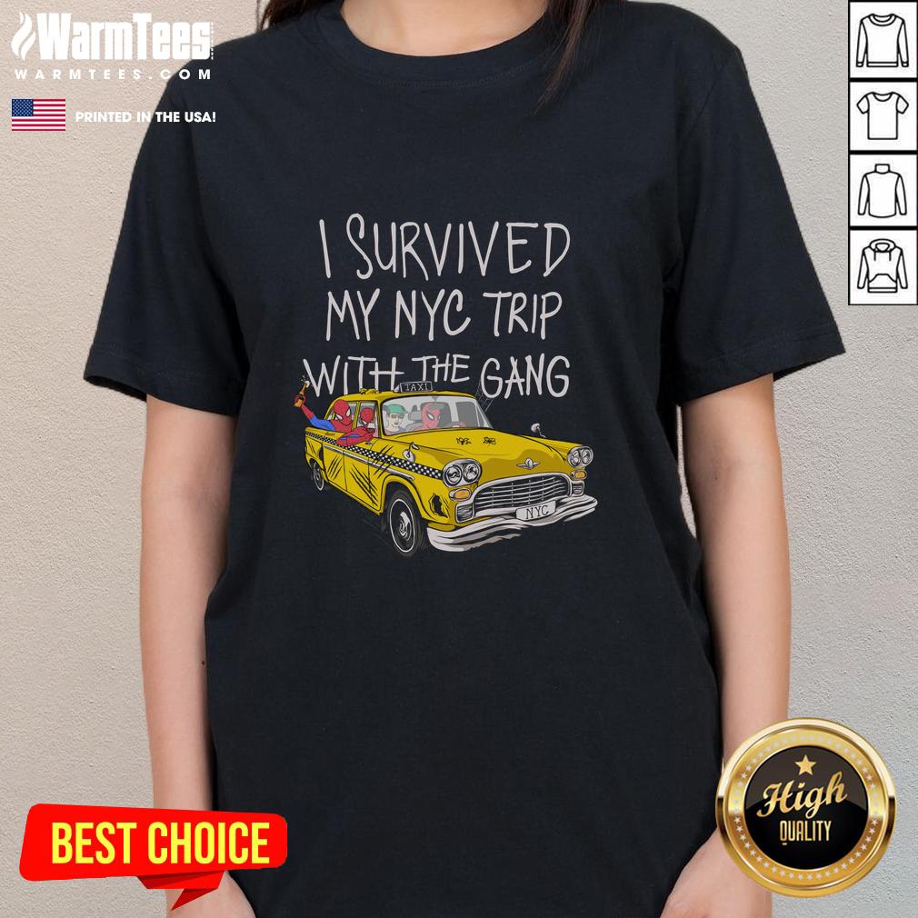Group of friends in NYC wearing 'Pretty I Survived My NYC Trip' Spider Perks ladies tees, smiling and enjoying the city.