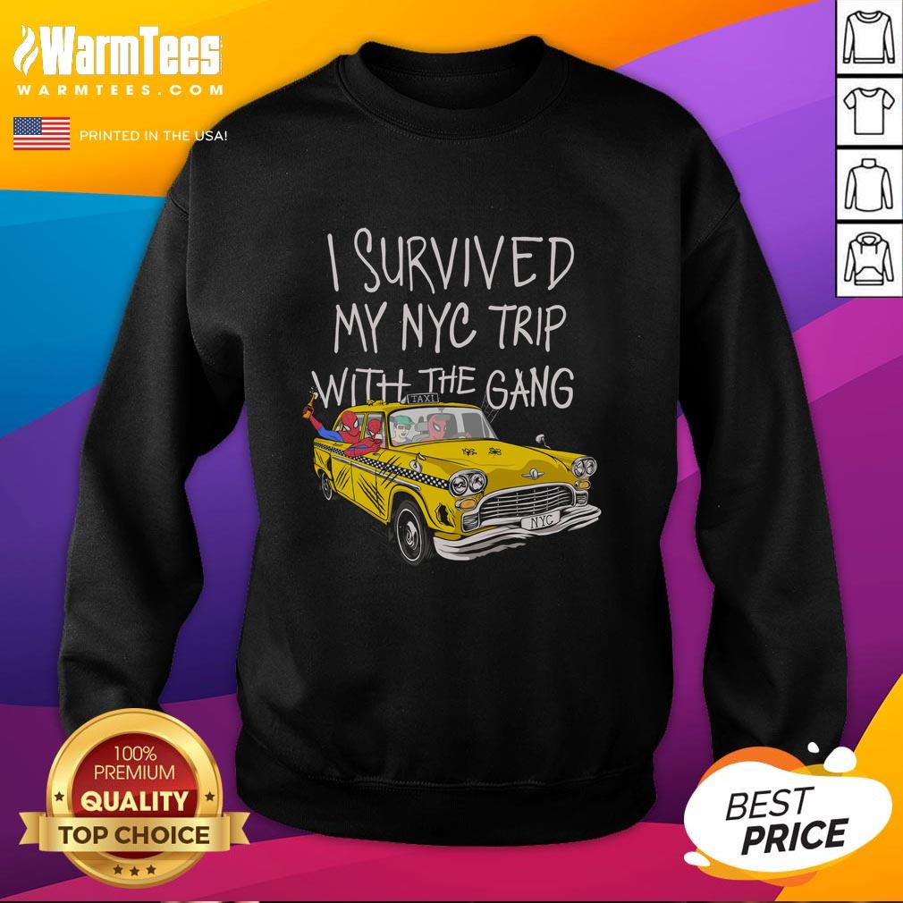 Group photo in NYC wearing 'Pretty I Survived My NYC Trip' sweatshirts, showcasing fun memories and stylish Spider Perks.