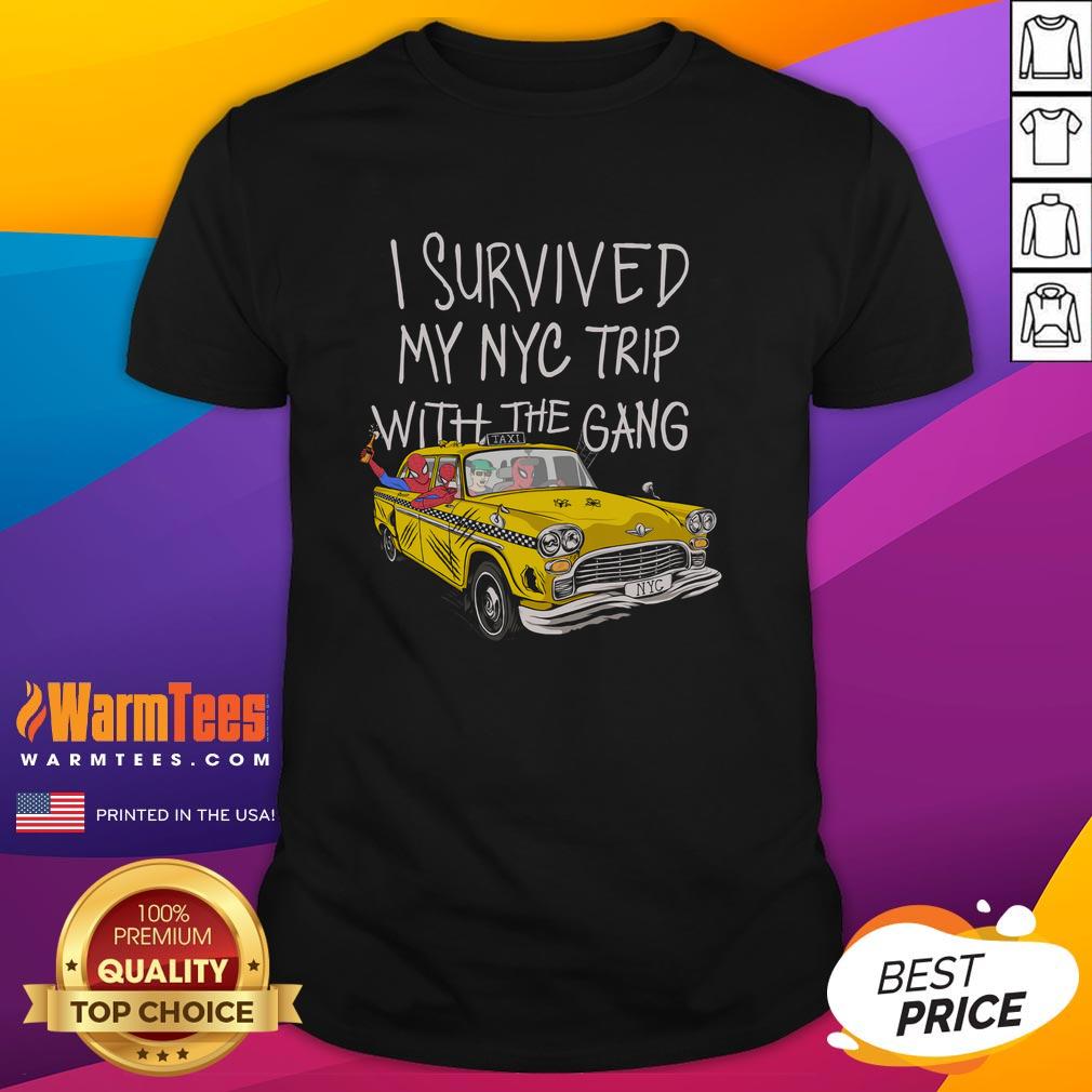 Alt Text: Pretty I Survived My NYC Trip with the Gang Spider Perks T-Shirt design featuring vibrant graphics and text.