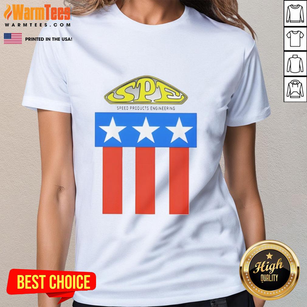 Top-Spe Speed Products Engineering logo on a stylish ladies tee, showcasing innovative automotive design.
