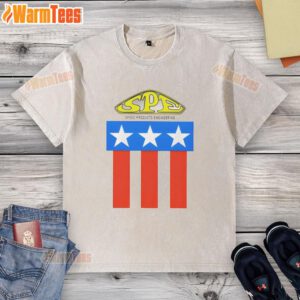 Top-Spe Speed Products Engineering logo on a washed t-shirt, showcasing a stylish and casual design for enthusiasts.