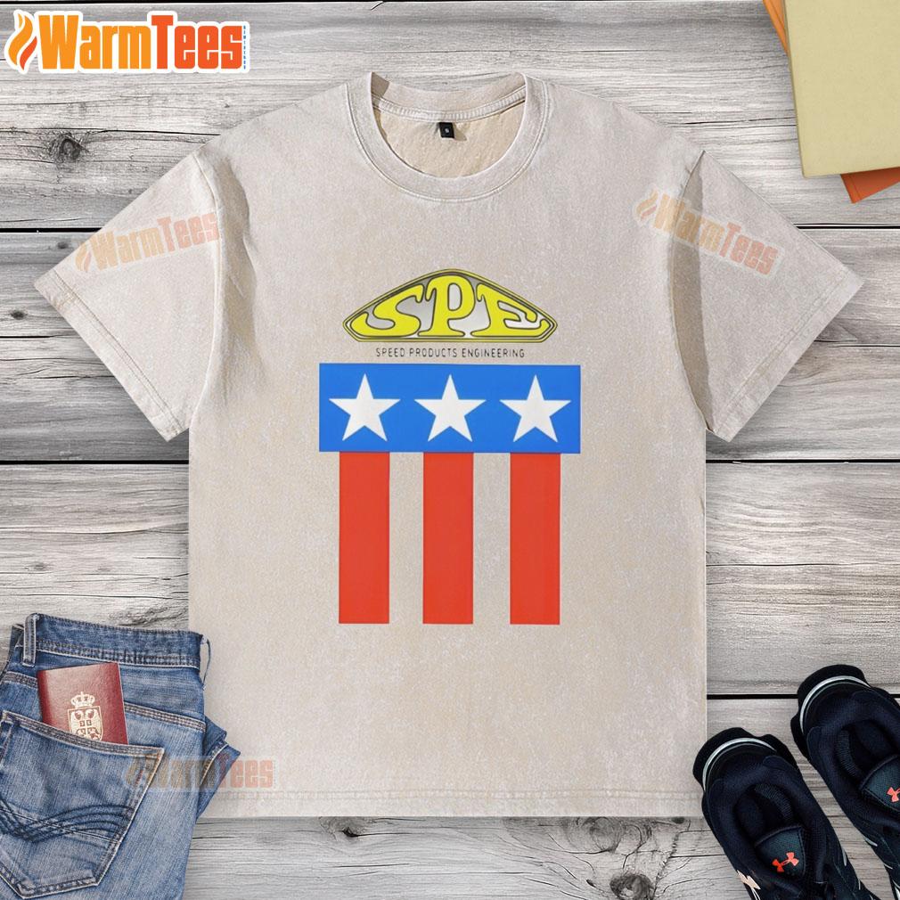 Top-Spe Speed Products Engineering logo on a washed t-shirt, showcasing a stylish and casual design for enthusiasts.